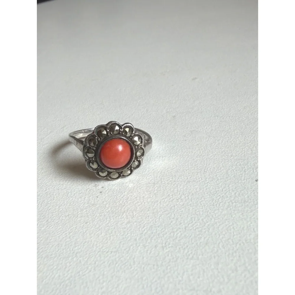 Vintage 835 Silver Red Coral Marcasite Scalloped‎ Halo DO NOT BUY